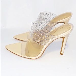 Sexy Nude rhinestone accent backless heel